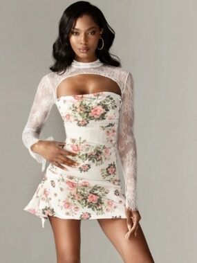 Alieva Floral Corset Lace Sleeve Mini Dress - White & Pink